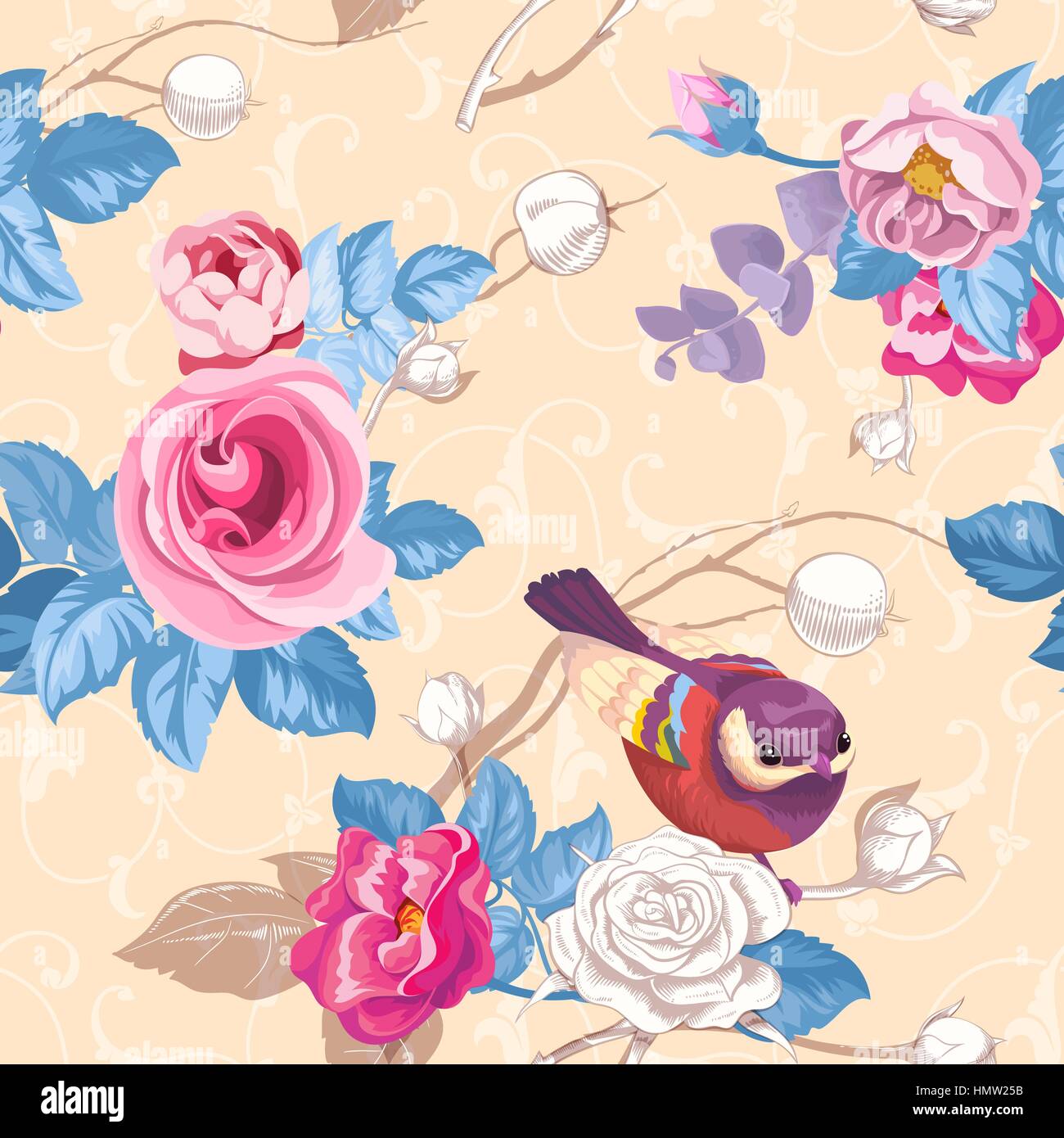 Transparente avec motif floral bouquets de roses colorées et mignon oiseau bleu sur l'arrière-plan. Vector illustration dans un style rétro pour papier peint, impression textile, papier d'emballage Illustration de Vecteur