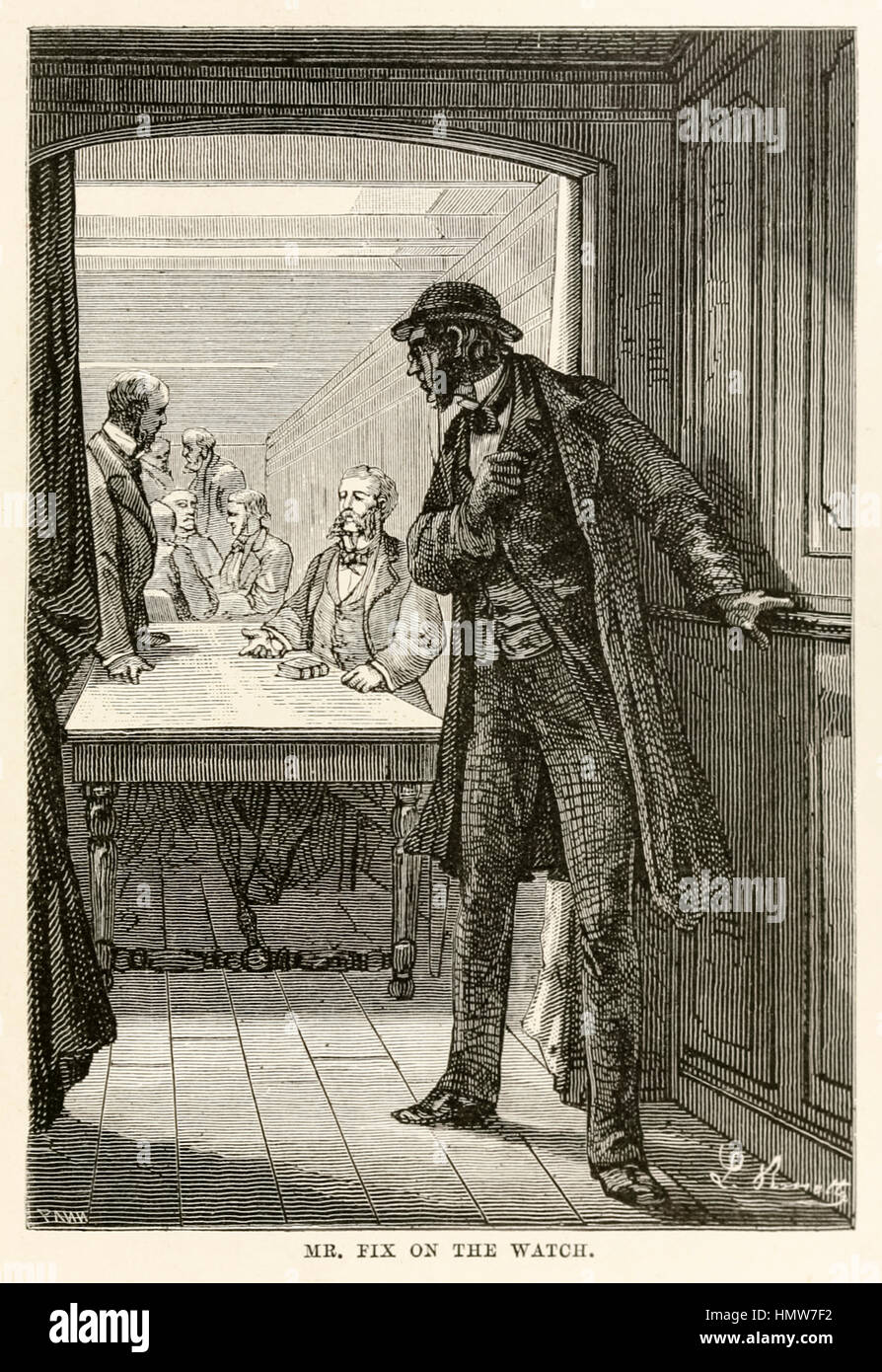 "M. Fixer sur la montre." à partir de 'autour du monde en quatre-vingts jours de Jules Verne (1828-1905) ; illustration par Léon Benet (1839-1917) gravée par Adolphe François Pannemaker (1822-1900). Banque D'Images