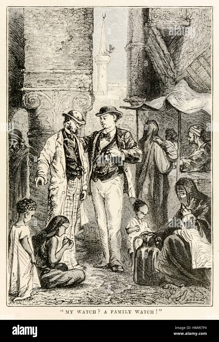 "Ma montre ? Regardez !" Une famille de 'autour du monde en quatre-vingts jours de Jules Verne (1828-1905) ; illustration par Léon Benet (1839-1917) gravée par Louis Dumont (né en 1822). Banque D'Images