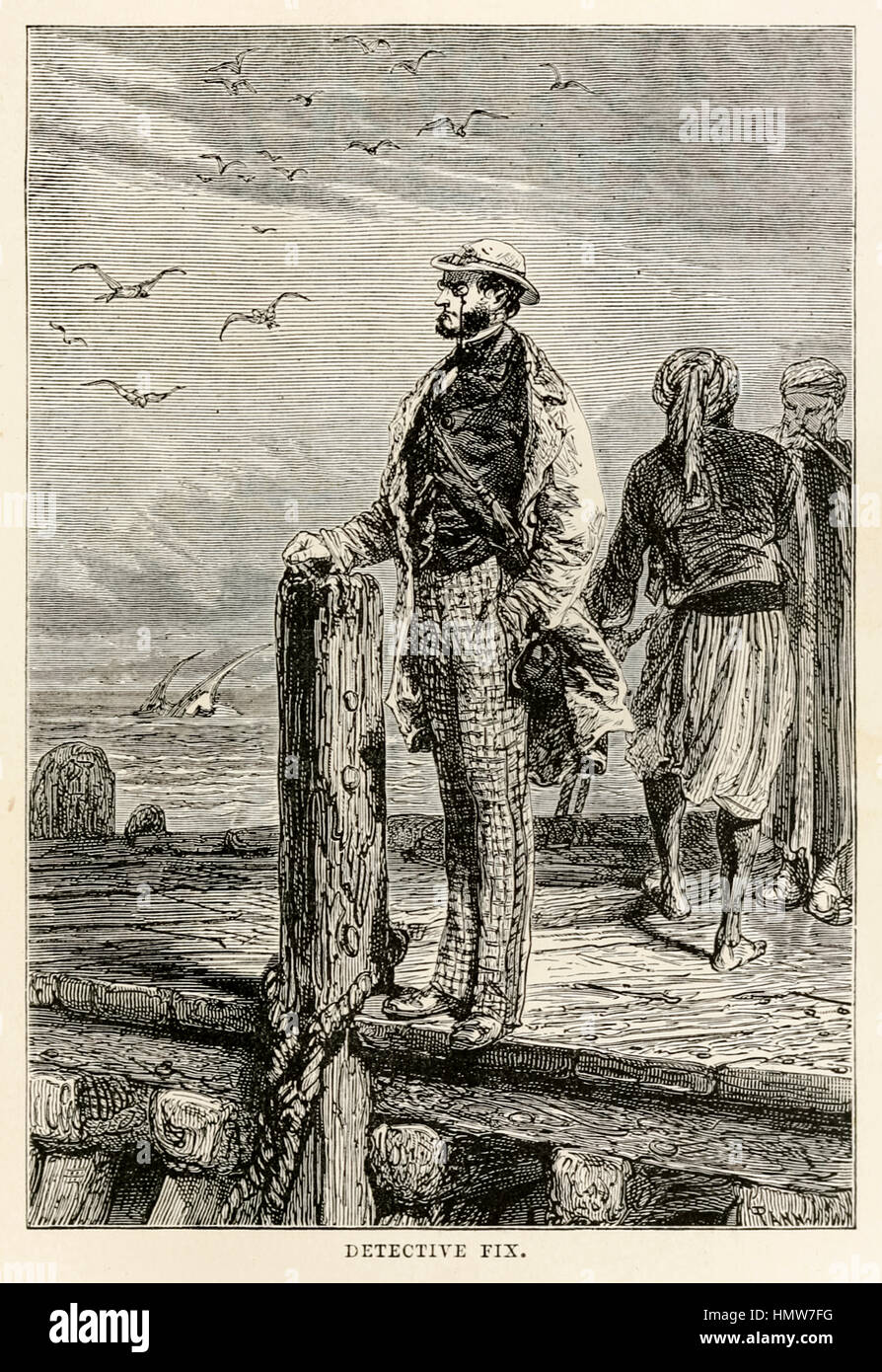 Détective "Fix" de 'autour du monde en quatre-vingts jours de Jules Verne (1828-1905) ; illustration par Alphonse-Marie-Adolphe de Neuville (1835-1885) gravée par Adolphe François Pannemaker (1822-1900). Banque D'Images