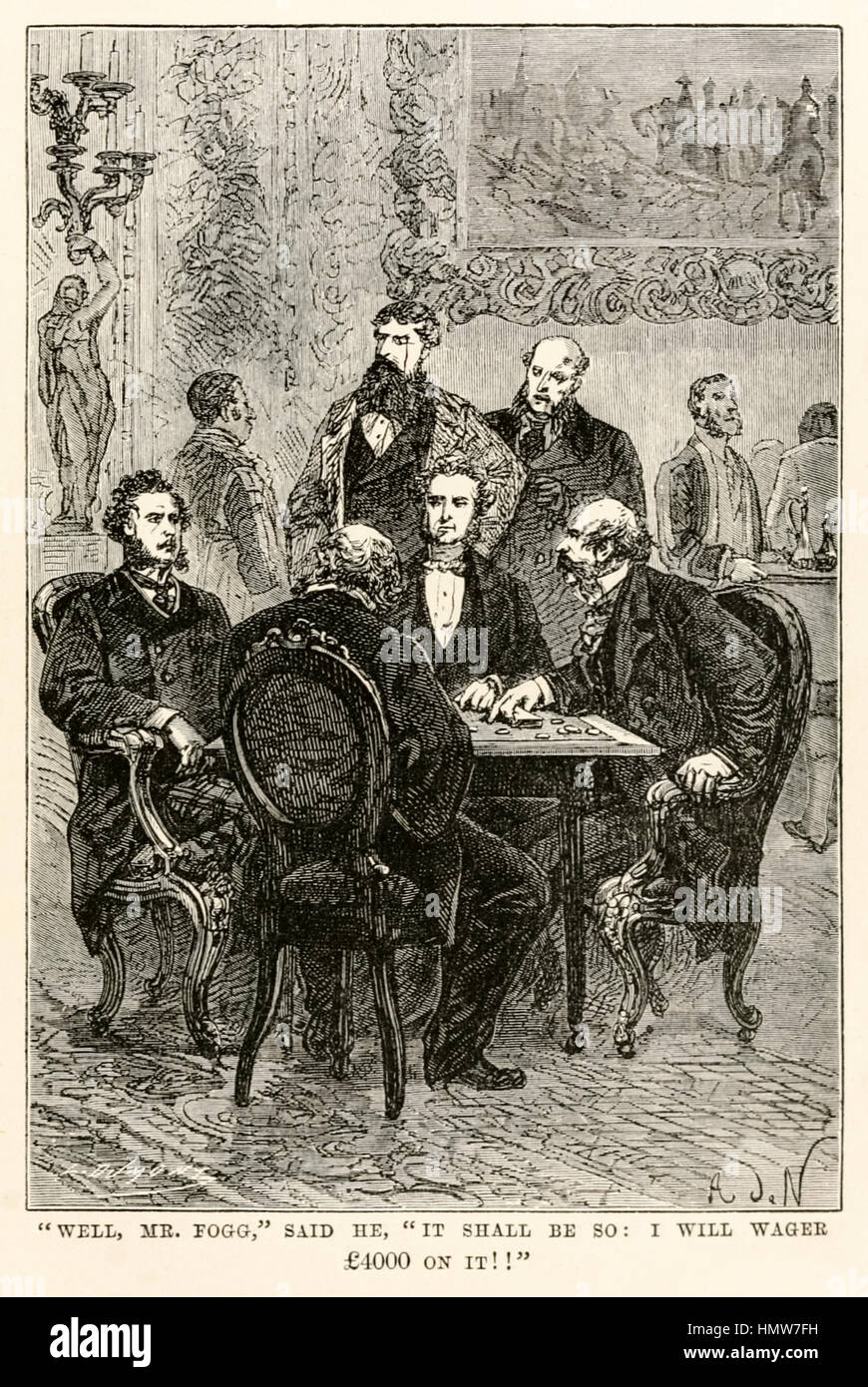"Eh bien, monsieur Fogg" il a dit "c'est donc : je parie £4000 sur elle ! !' de 'autour du monde en quatre-vingts jours de Jules Verne (1828-1905) ; illustration par Alphonse-Marie-Adolphe de Neuville (1835-1885) gravée par Louis Dumont (né en 1822). Banque D'Images