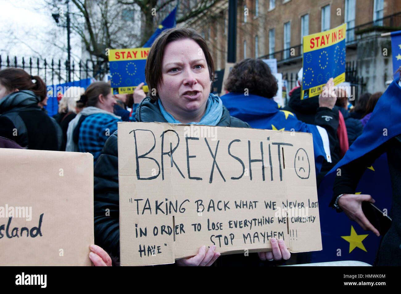 4e février 2017. Une petite manifestation en face de Downing Street par des partisans de rester (dans l'Union européenne) qui demande un délai à l'article 50 Banque D'Images