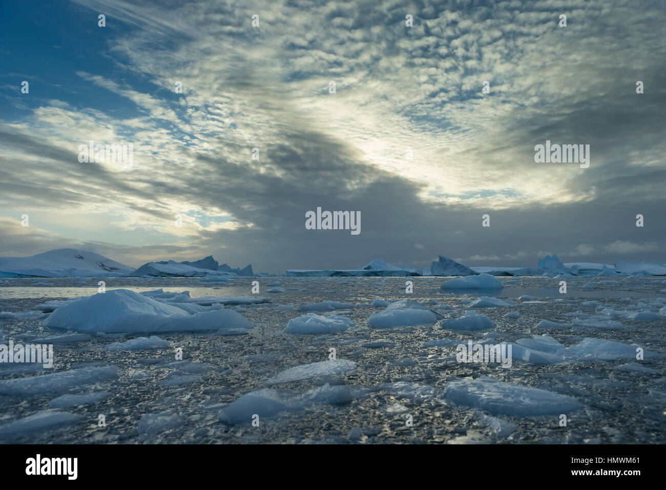 Vue paysage d'icebergs flottant dans le canal, l'île Booth, Péninsule Antarctique en janvier 2014. Banque D'Images