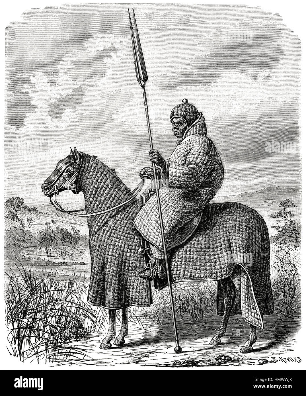 Cavalier armé du Sultan du Baghirmi, Afrique, Illustration de l'album, 'Volkerkunde' par le Dr Fredrich Ratzel, Bibliographisches Institut, Leipzig, 1885 Banque D'Images