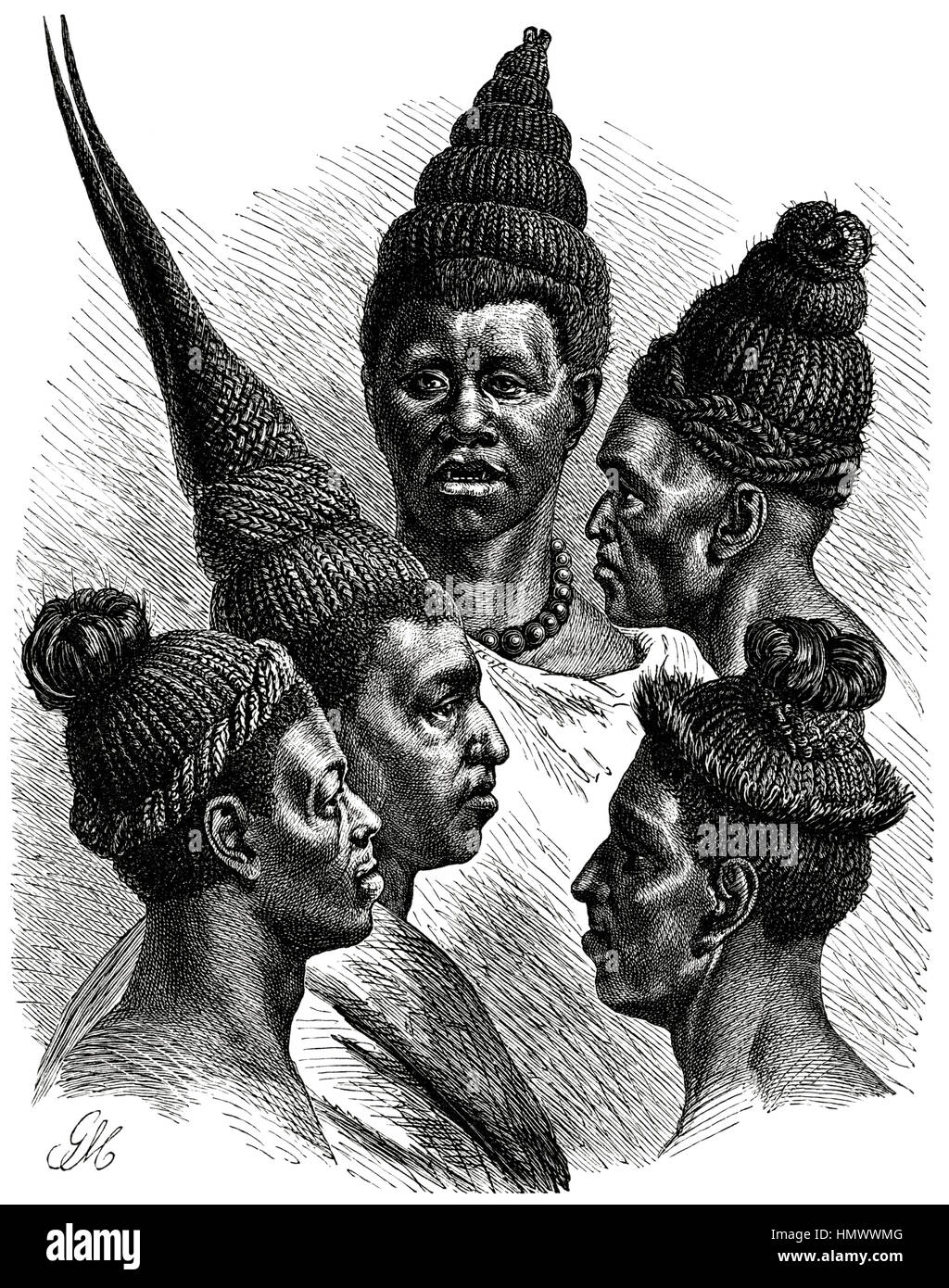 La mode des cheveux de l'Maschukulumbe, Afrique australe, Illustration de l'album, 'Volkerkunde' par le Dr Fredrich Ratzel, Bibliographisches Institut, Leipzig, 1885 Banque D'Images