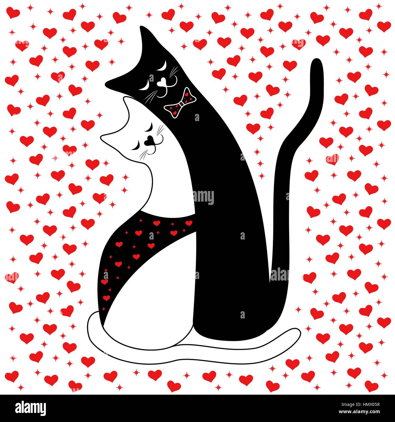 Couple d'amoureux des chats sur le fond blanc avec de nombreux coeurs rouges, Valentine vector illustration Illustration de Vecteur