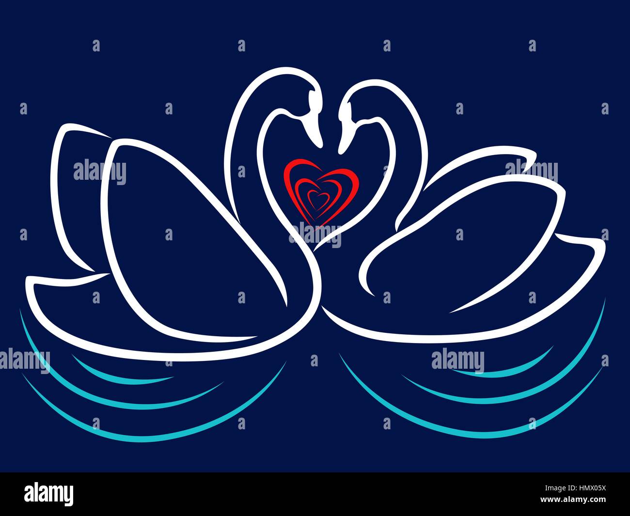 Loving couple de cygnes flottant sur l'eau et du cœur entre eux, Valentine stylisées vector illustration Illustration de Vecteur