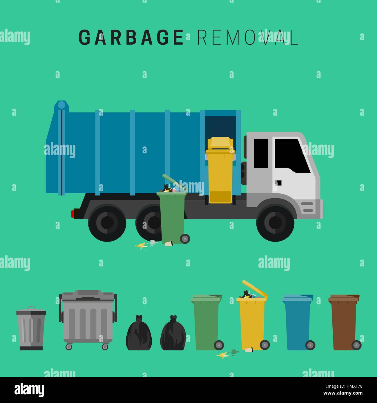 Camion à ordures et déchets poubelles Illustration de Vecteur