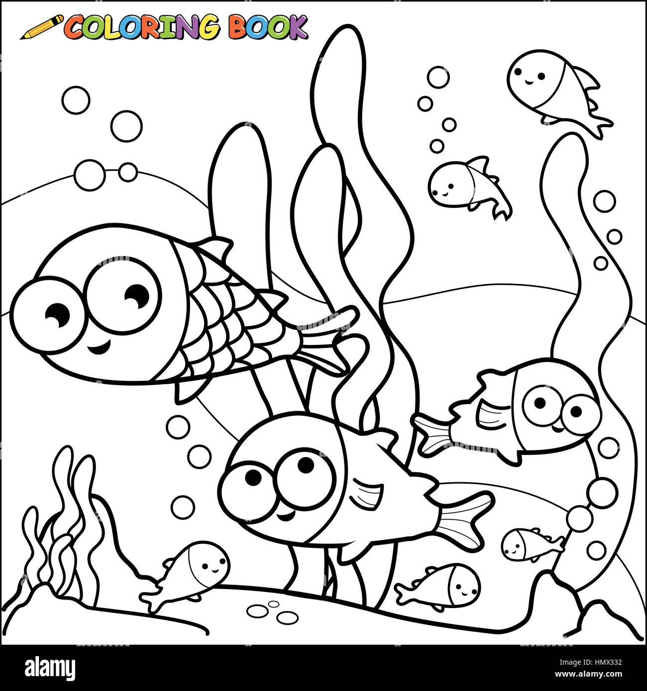 Vector image en noir et blanc indiquant des poissons sous l'eau. Page de livre de coloriage. Illustration de Vecteur