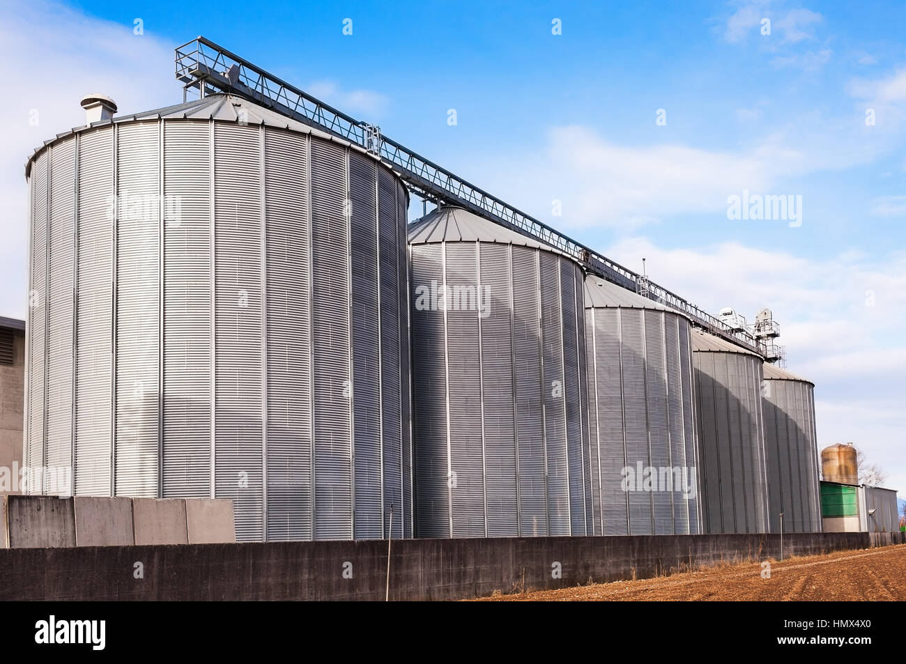 Silos agricoles. Extérieur du bâtiment. L'entreposage et le séchage de céréales, blé, maïs, soja, tournesol contre le ciel bleu avec des nuages blancs Banque D'Images