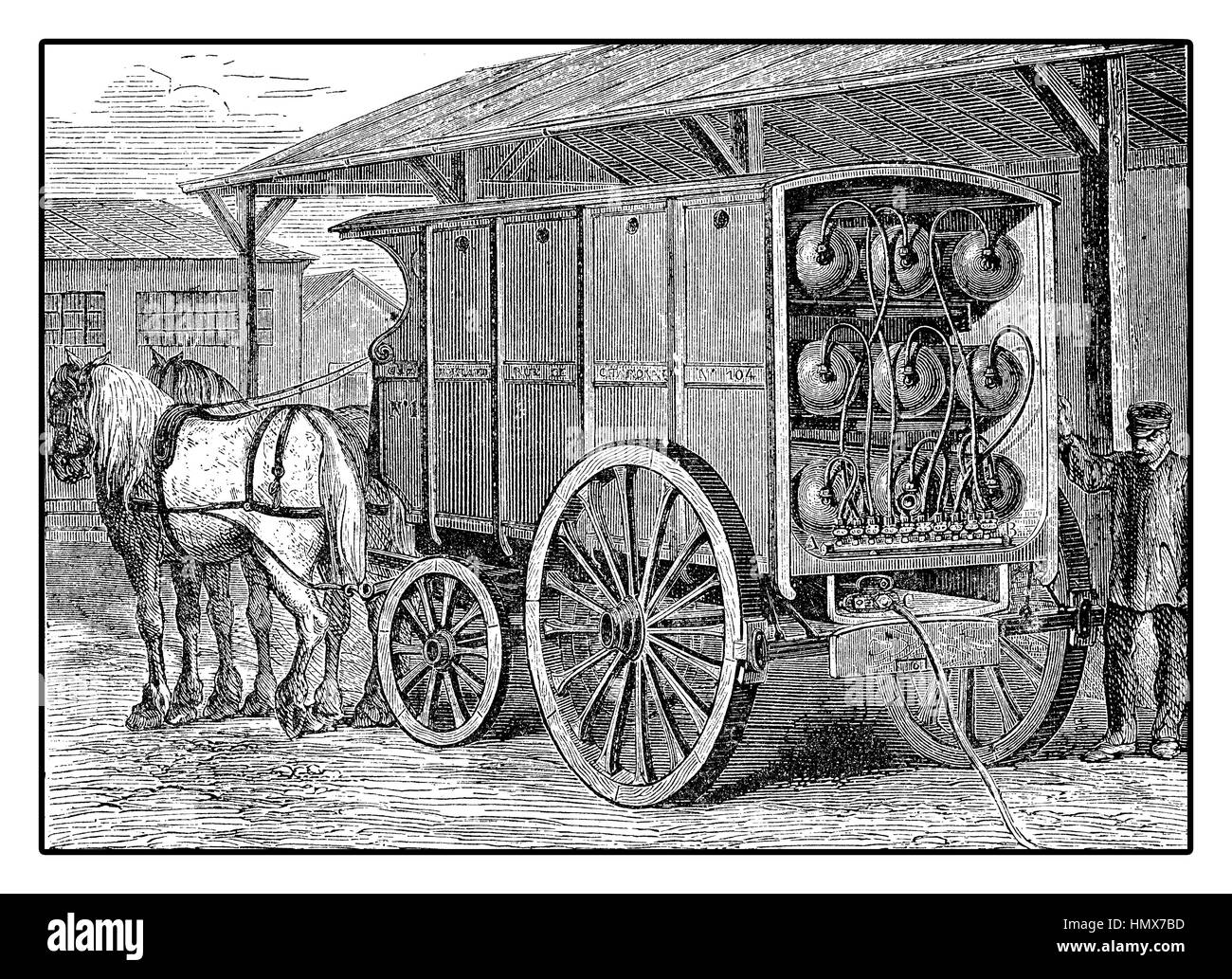 Gravure du xixe siècle, véhicule transportant des conteneurs de gaz comprimé Banque D'Images