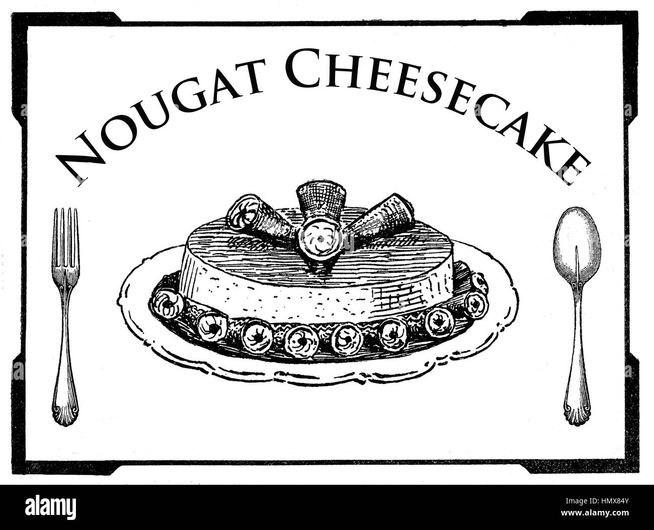 Cuisine Vintage art déco, gravure présentation dessert : gâteau au fromage délicieux nougat Banque D'Images