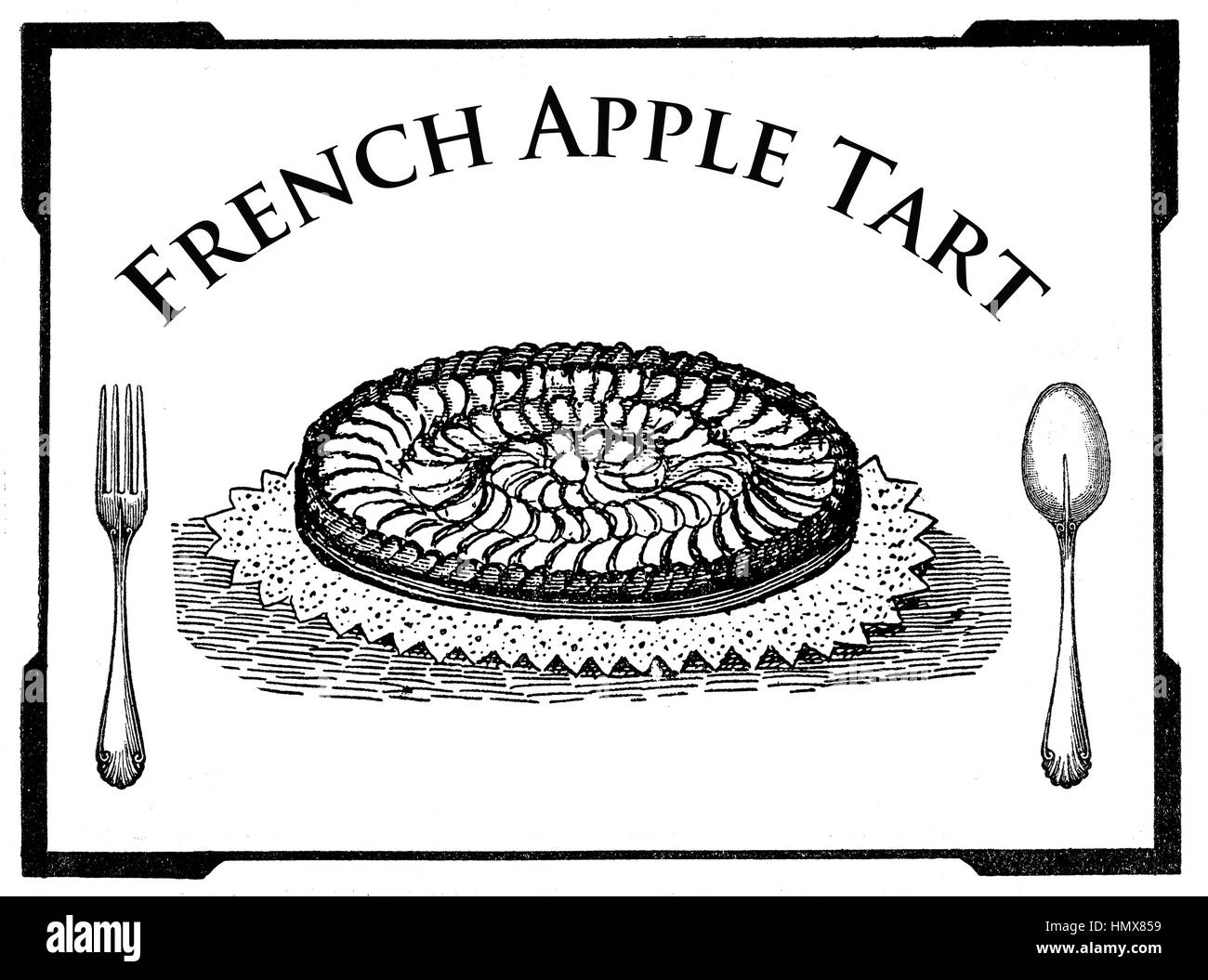 Cuisine Vintage art déco, gravure présentation dessert : tarte aux pommes Française Banque D'Images