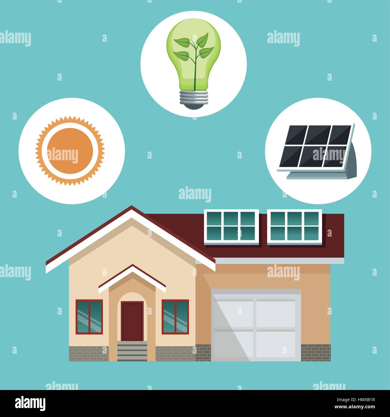 Chambre résidence traditionnelle avec panneau solaire-écologie des icônes Illustration de Vecteur