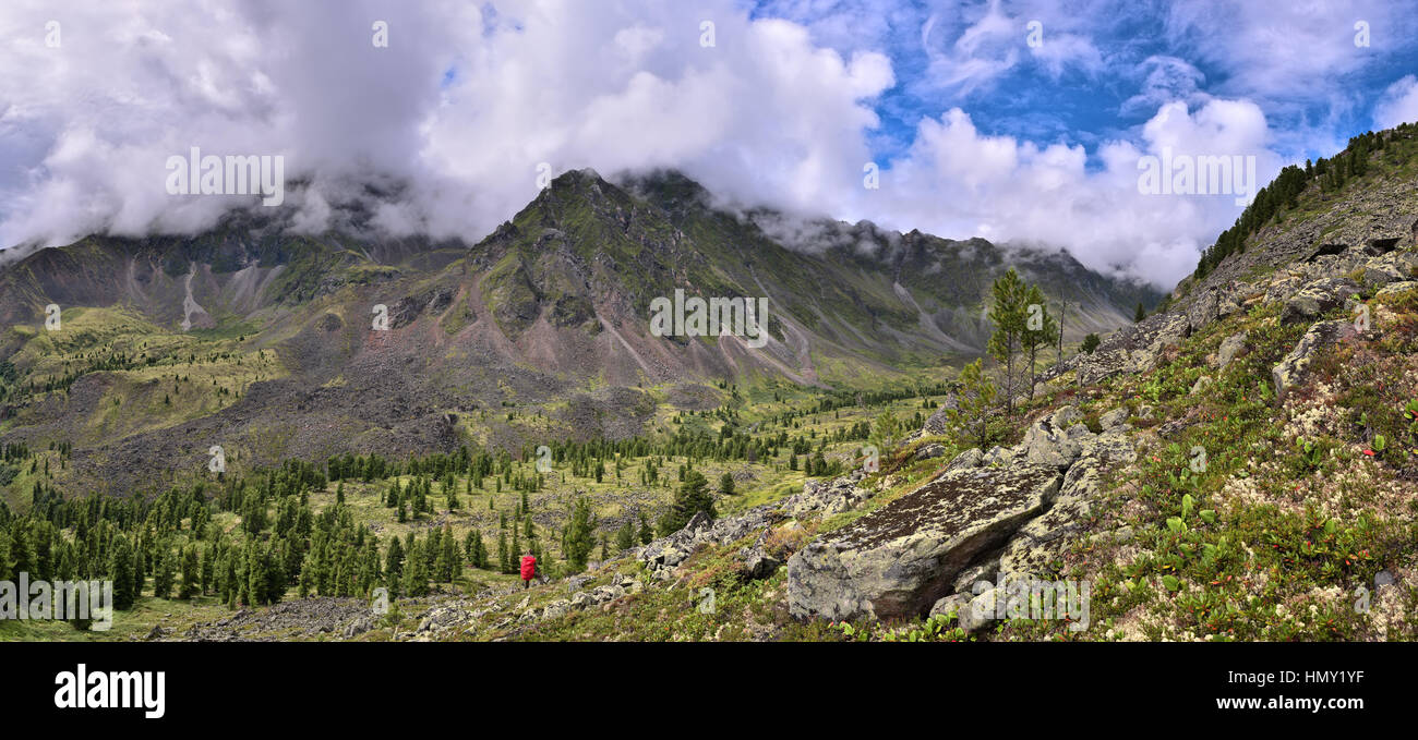 Vue panoramique sur la vallée de montagne à partir de la pente. Bois de Sibérie et de la toundra alpine. Sayan de l'Est. La Sibérie. La Russie Banque D'Images