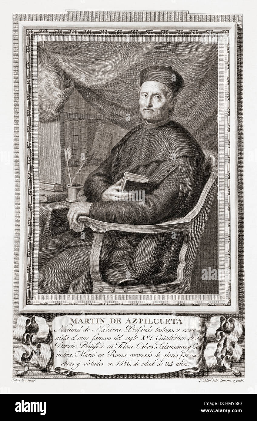 Martín de Azpilcueta aka Docteur Navarrus, 1491 - 1586. Basque important théologien et canoniste, un jeune économiste, le premier à développer la théorie monétariste. Après une gravure dans Retratos de Los Españoles Ilustres, publié à Madrid, 1791 Banque D'Images