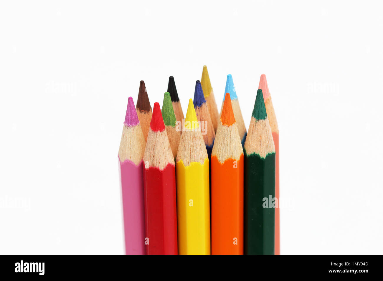 Close up of colour pencils against white background Banque D'Images