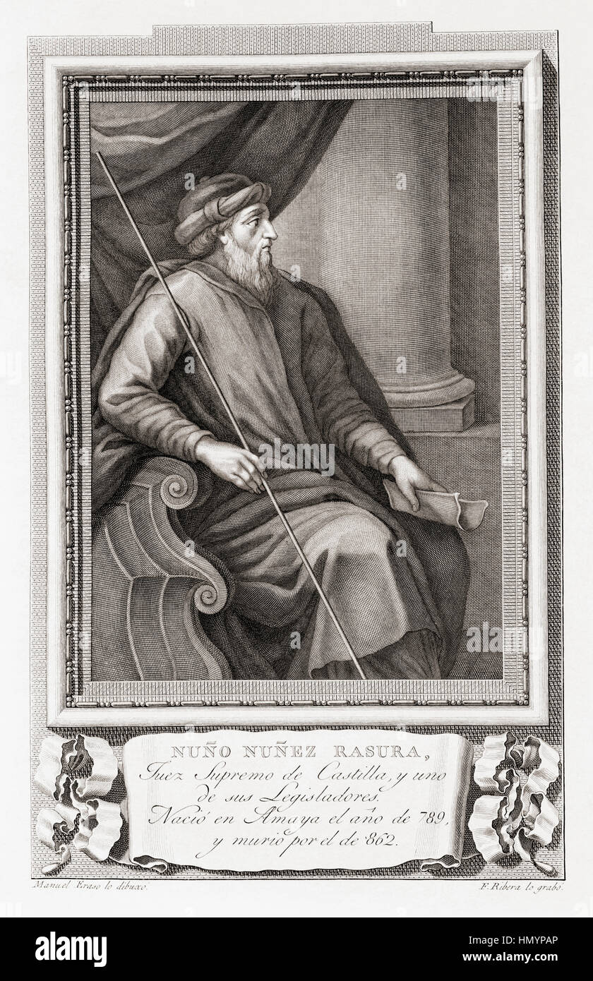 Nuño Rasura aka Nuño Rasura Nuñez, c.789 - c.862. Juge légendaire de la Castille, en Espagne. Après une gravure dans Retratos de Los Españoles Ilustres, publié à Madrid, 1791 Banque D'Images