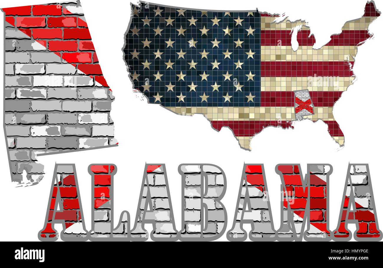 L'Alabama sur un mur de brique avec USA site - Illustration, Alabama Drapeau peint sur mur de briques, police avec le drapeau de l'Alabama, Arkansas carte sur un mur de briques Illustration de Vecteur