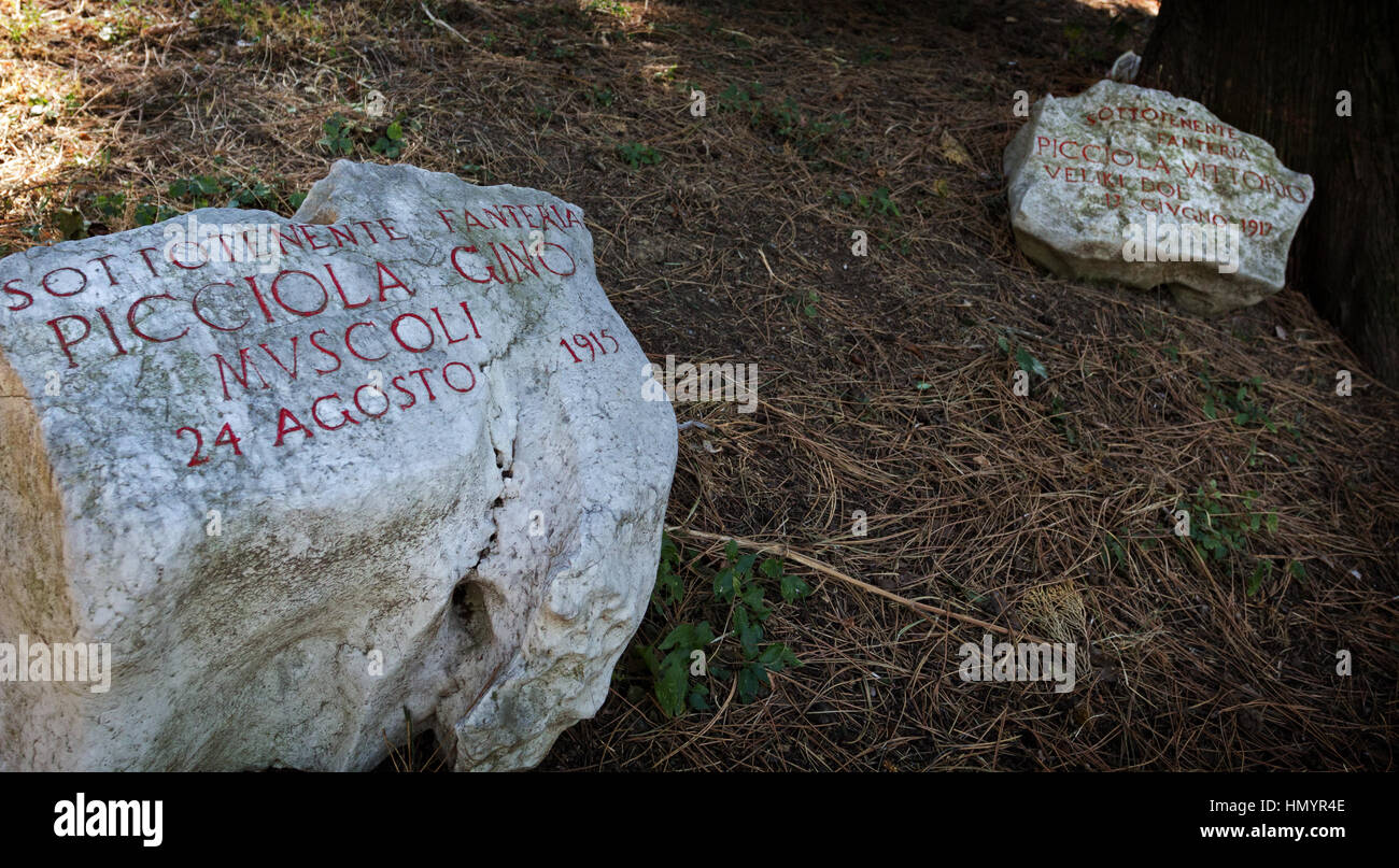 Le chagère incommensurable : une mère et la guerre - deux pierres se rappellent la mort de deux frères pendant la première guerre mondiale, le Parc du Souvenir, Trieste, Italie Banque D'Images