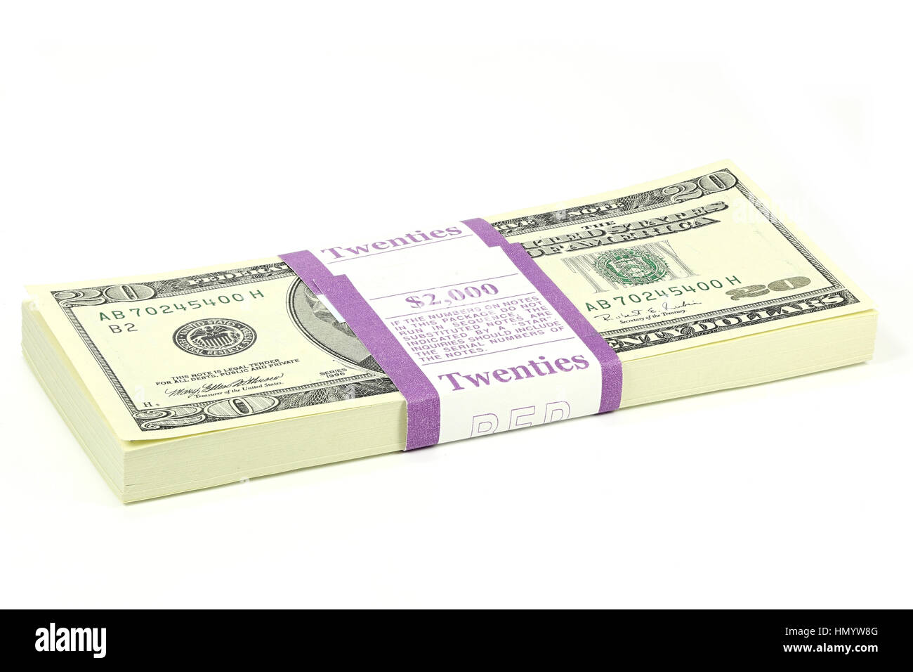 Ensemble de 20 US Dollar note isolé sur fond blanc Banque D'Images