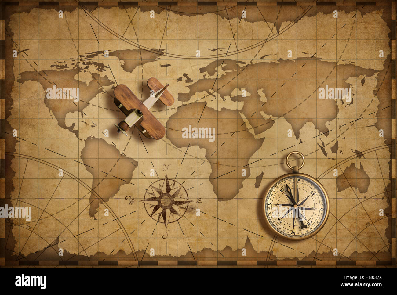 Petit bois avion sur la carte nautique mondiale que les voyages, l'explorer et de communication concept Banque D'Images