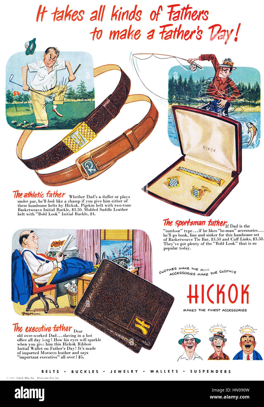 1949 publicité américaine pour les accessoires du vêtement Messieurs Hickok Banque D'Images