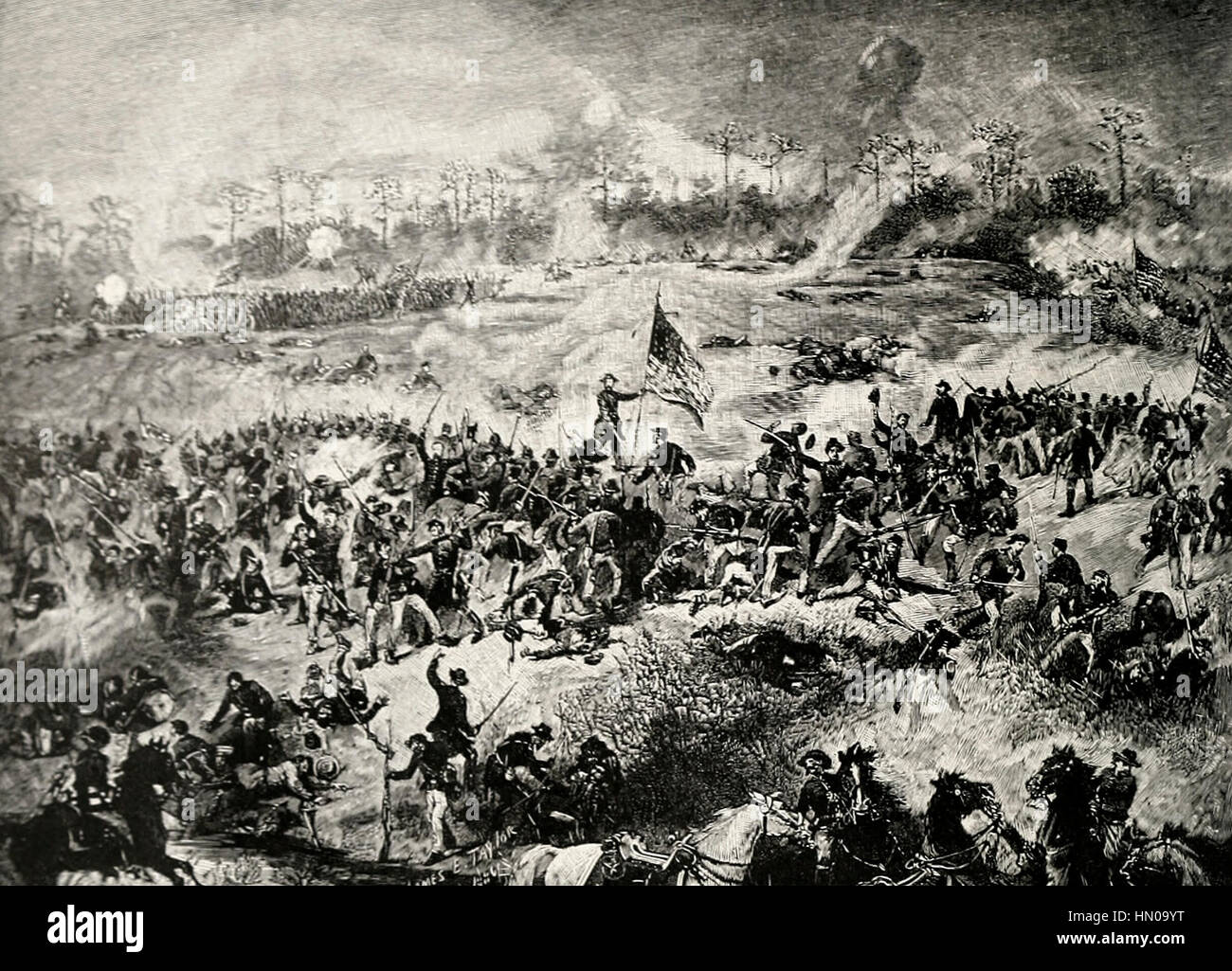 La bataille d'Atlanta, le 22 juillet 1864 - Fuller's Division du 16e Corps, uni pour tenir leur terrain après avoir été ramené de force par la première charge de la Confédération dans leur attaque de flanc Banque D'Images