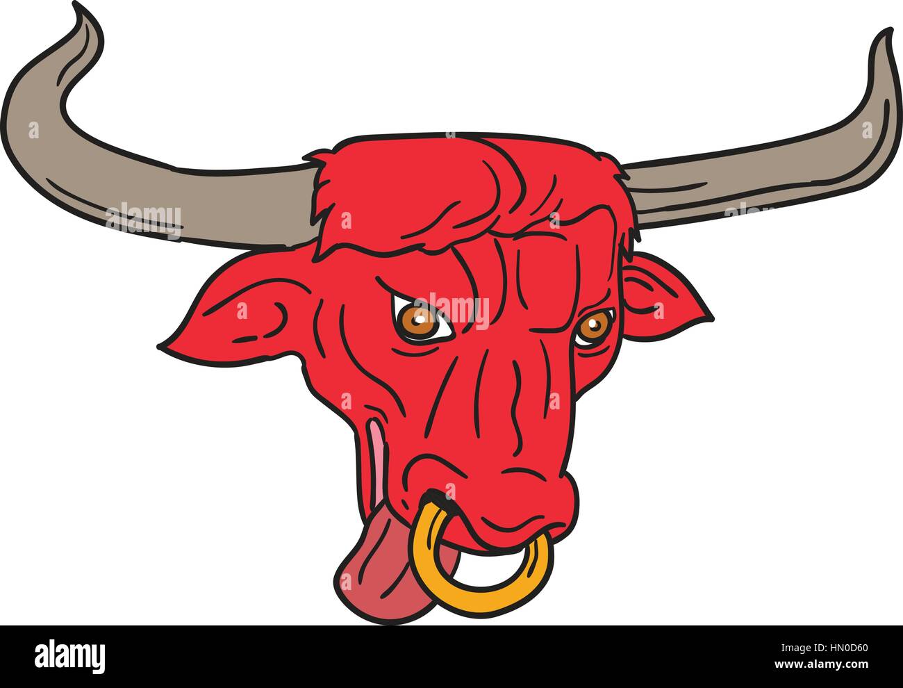 Style croquis dessin illustration d'un Texas Longhorn red bull head out situé sur fond blanc isolé. Illustration de Vecteur
