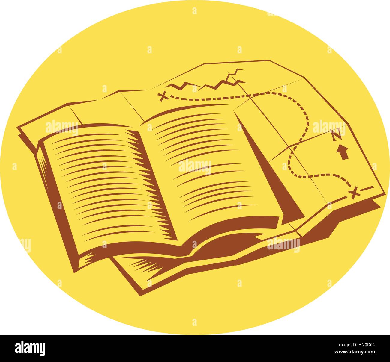 Illustration d'un livre ouvert sur le dessus d'une carte des sentiers à l'intérieur ensemble de forme ovale sur fond isolé fait en rétro style gravure sur bois. Illustration de Vecteur