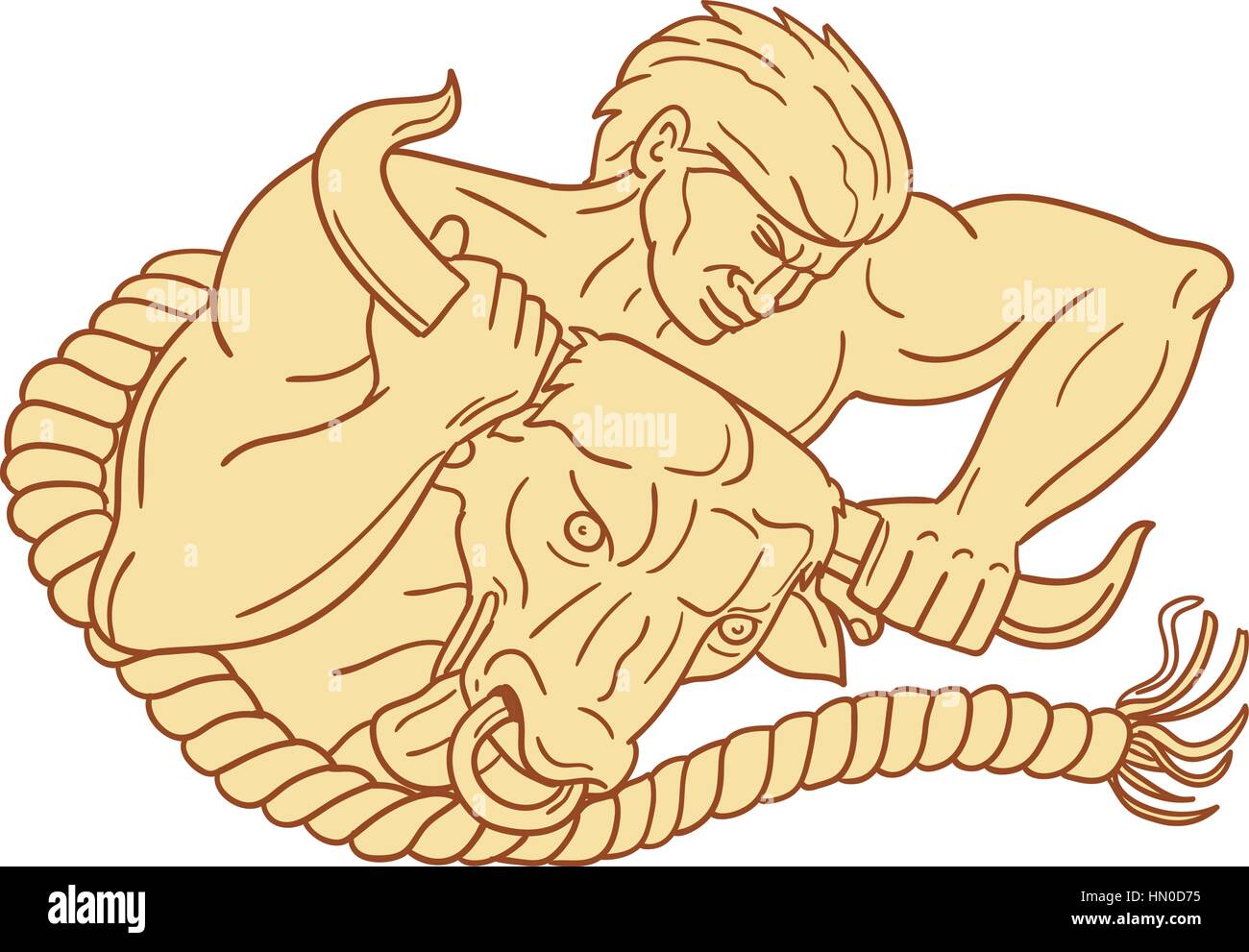 Croquis dessin illustration de style d'un homme prenant taureau par les cornes liées avec une corde, vu de l'avant ensemble isolées sur fond blanc. Illustration de Vecteur