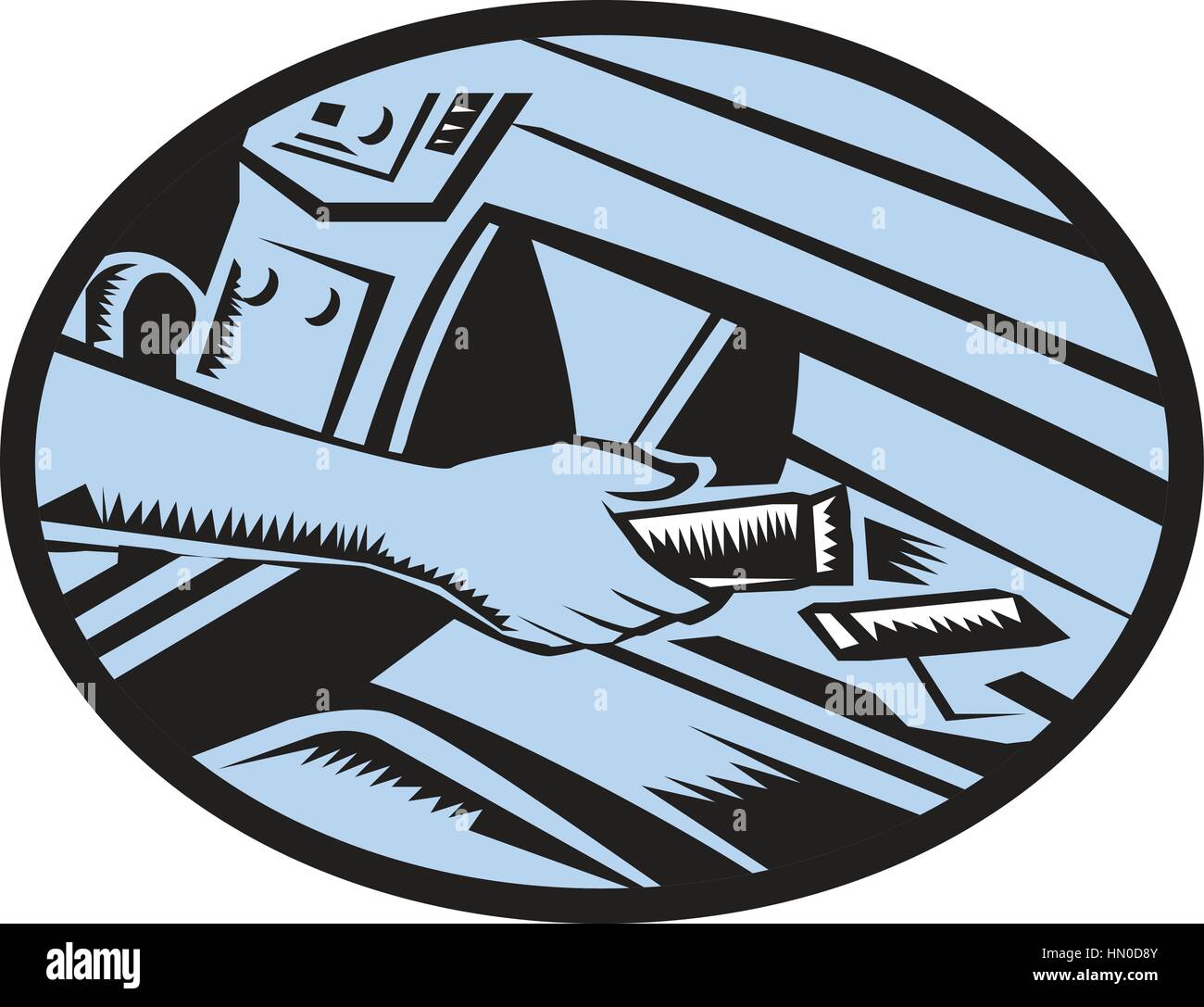 Illustration d'atteindre la main dans la boîte à gants d'une barre d'énergie fixé à l'intérieur de la forme ovale fait en rétro style gravure sur bois. Illustration de Vecteur