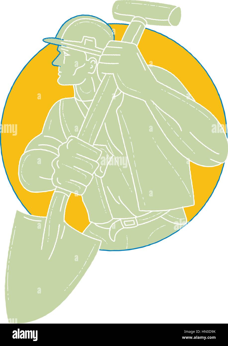 Style croquis dessin illustration d'une construction worker wearing hard hat holding à la pelle sur le côté situé à l'intérieur du cercle sur isolated backgroun Illustration de Vecteur