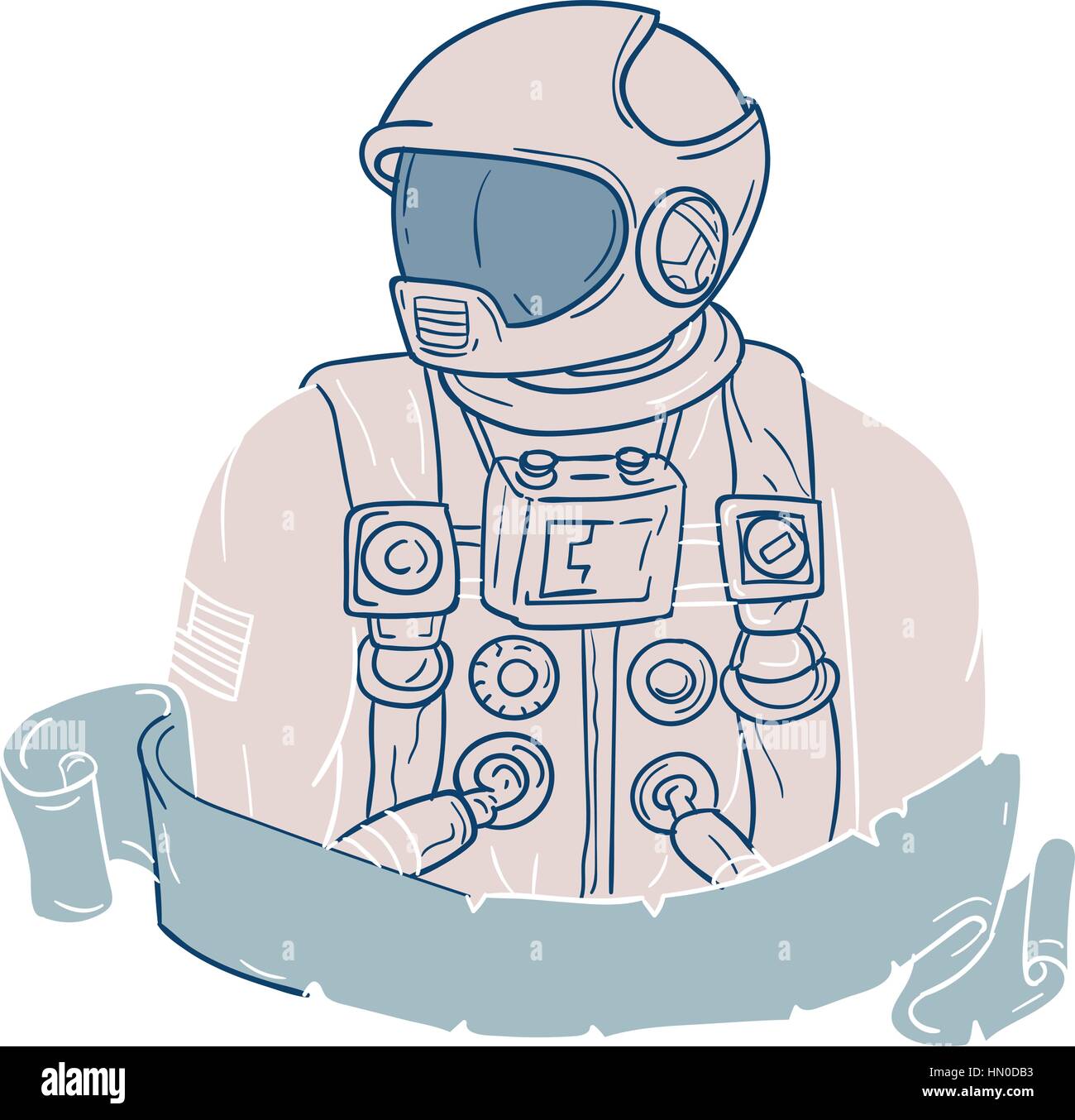 Croquis dessin illustration style de buste d'un astronaute à sur le côté isolé sur fond blanc avec ruban. Illustration de Vecteur