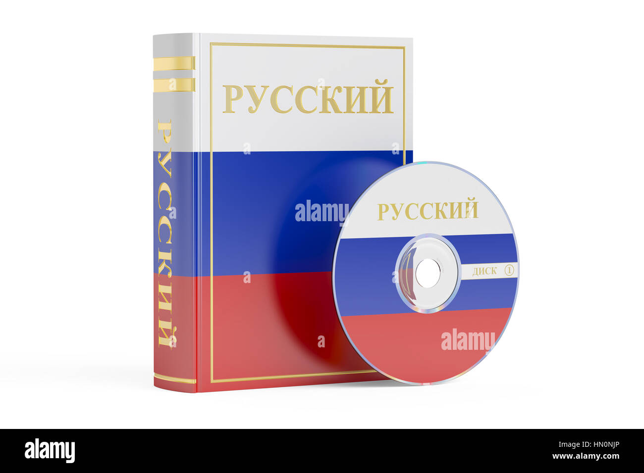 Livre russe avec le drapeau de la Russie et disque CD, rendu 3D isolé sur fond blanc Banque D'Images