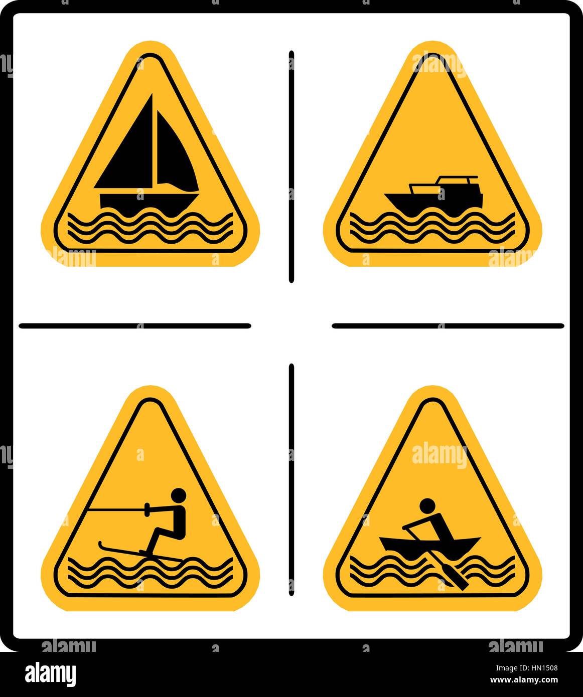 Méfiez-vous du ski nautique, voile, aviron, bateaux motorisés signes zone définie. Signes d'avertissement en triangle jaune isolé sur blanc. Vector illustration. L'été Illustration de Vecteur
