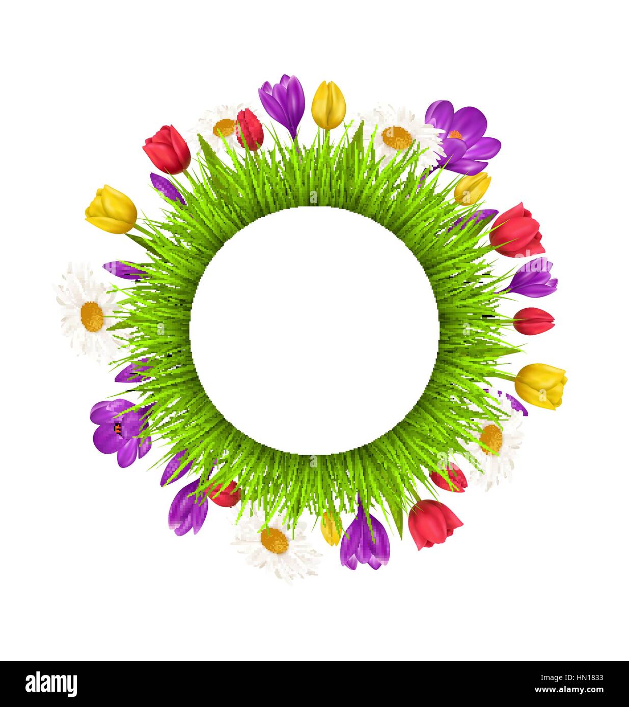 Châssis circulaire avec de l'herbe verte et de fleurs isolated on white Illustration de Vecteur