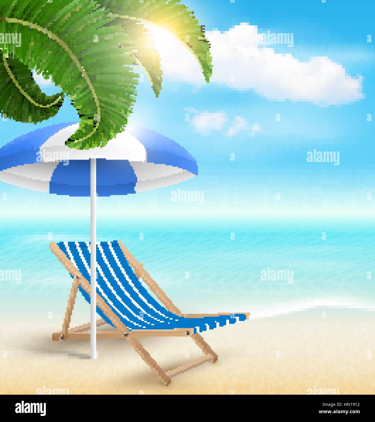 Palm Beach avec nuages soleil parasol et chaise longue. Été Image  Vectorielle Stock - Alamy