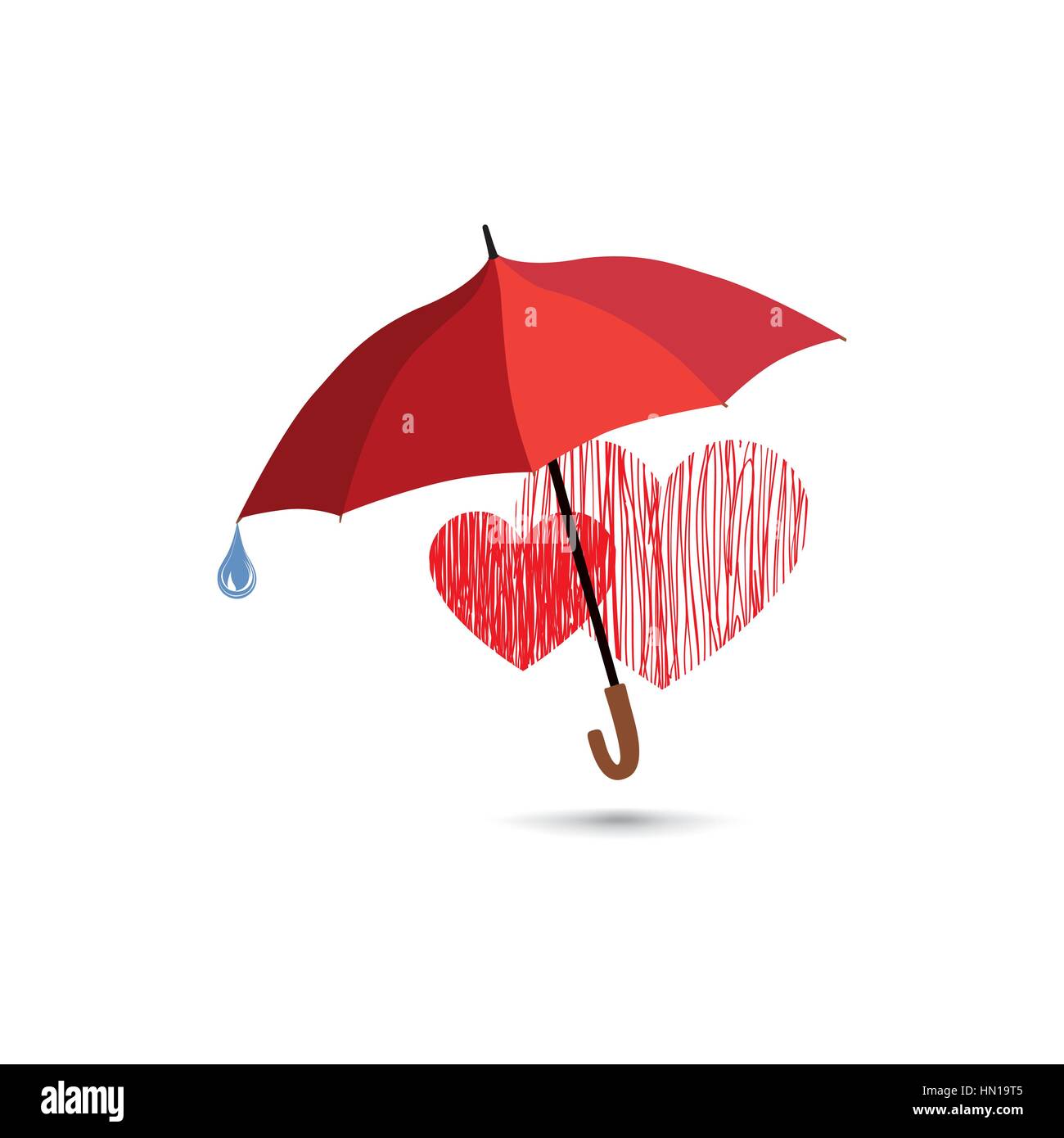 Love Heart sign sur la pluie parapluie sous protection. Deux coeurs amoureux isolé sur fond blanc l'icône. Valentine's day Greeting Card design Illustration de Vecteur