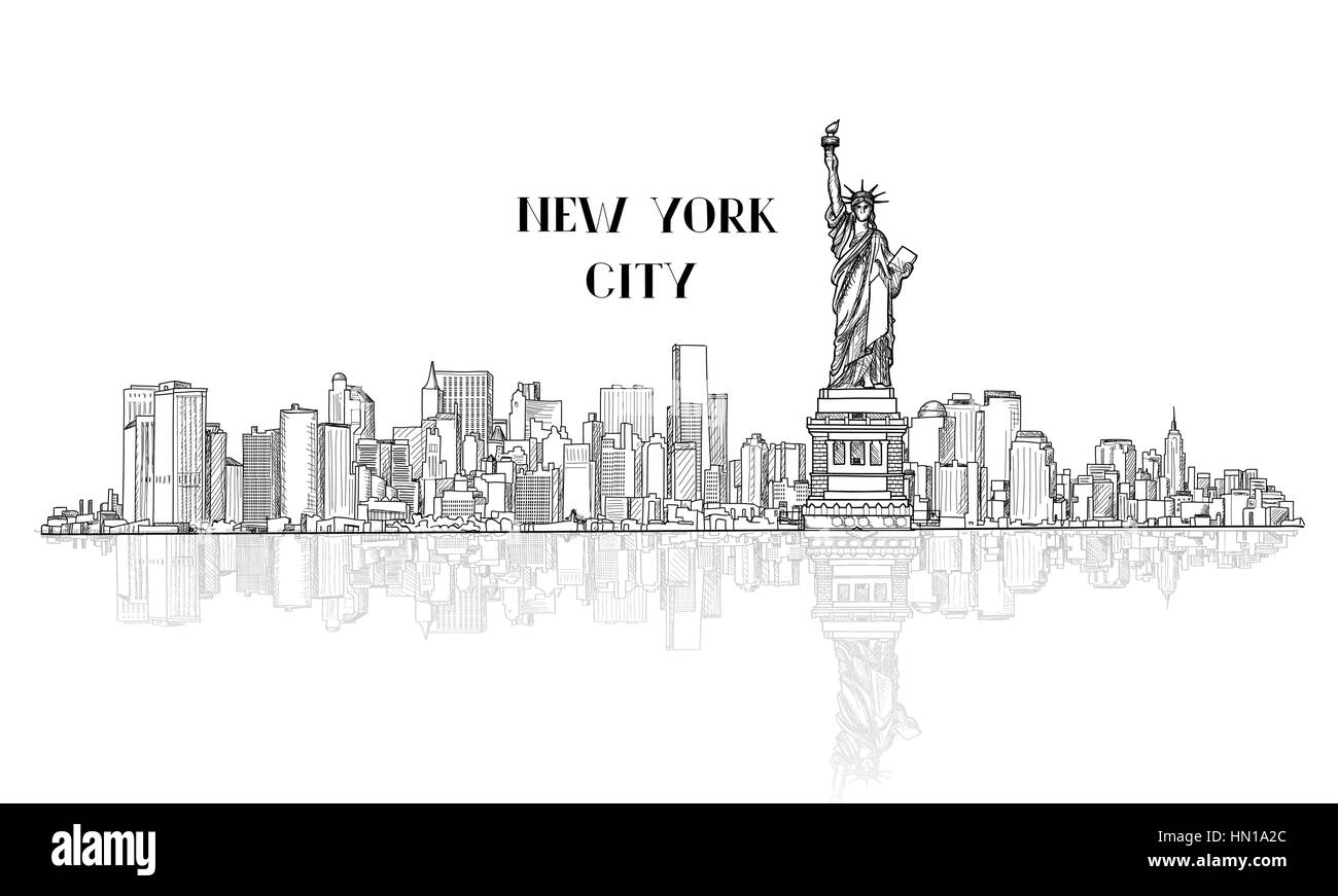 New York, USA new york city skyline. croquis silhouette avec liberté monument. american landmarks. paysage architectural urbain. cityscape avec célèbre bui Illustration de Vecteur