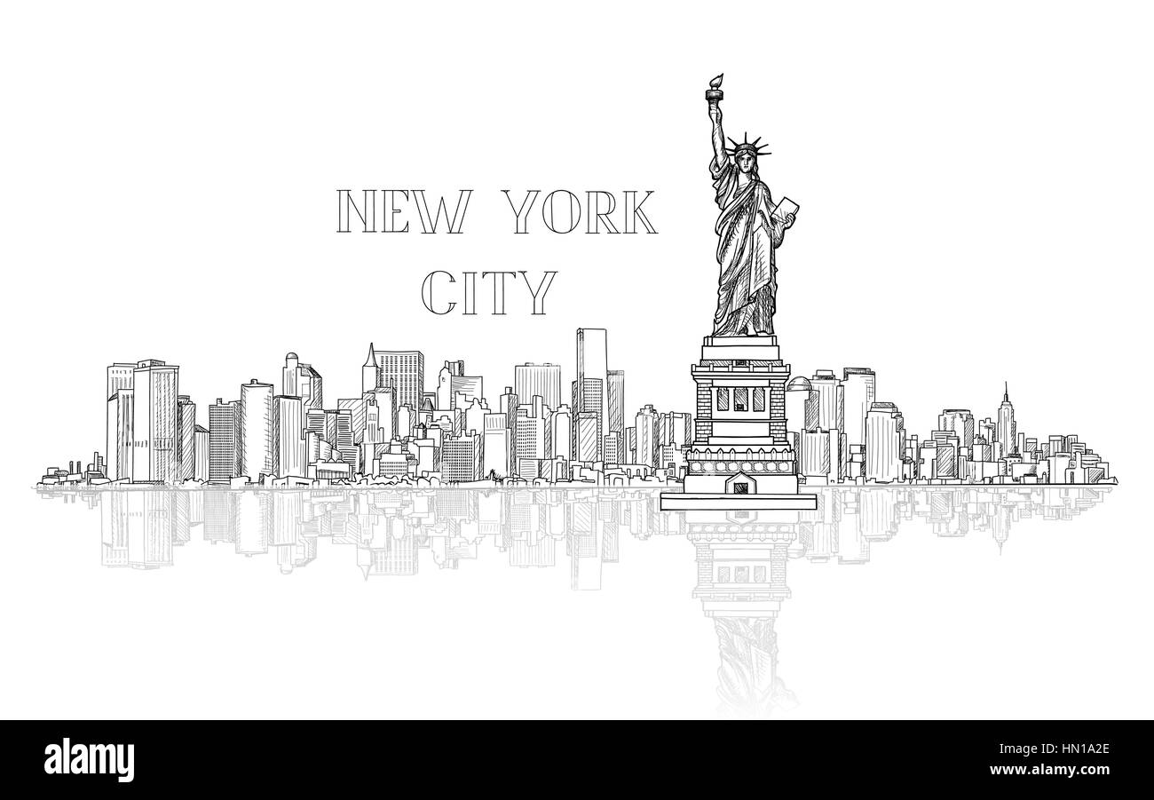New York, États-Unis d'arrière-plan. skyline silhouette ville gravure avec liberté monument. american landmarks. paysage architectural urbain avec la ville. Illustration de Vecteur