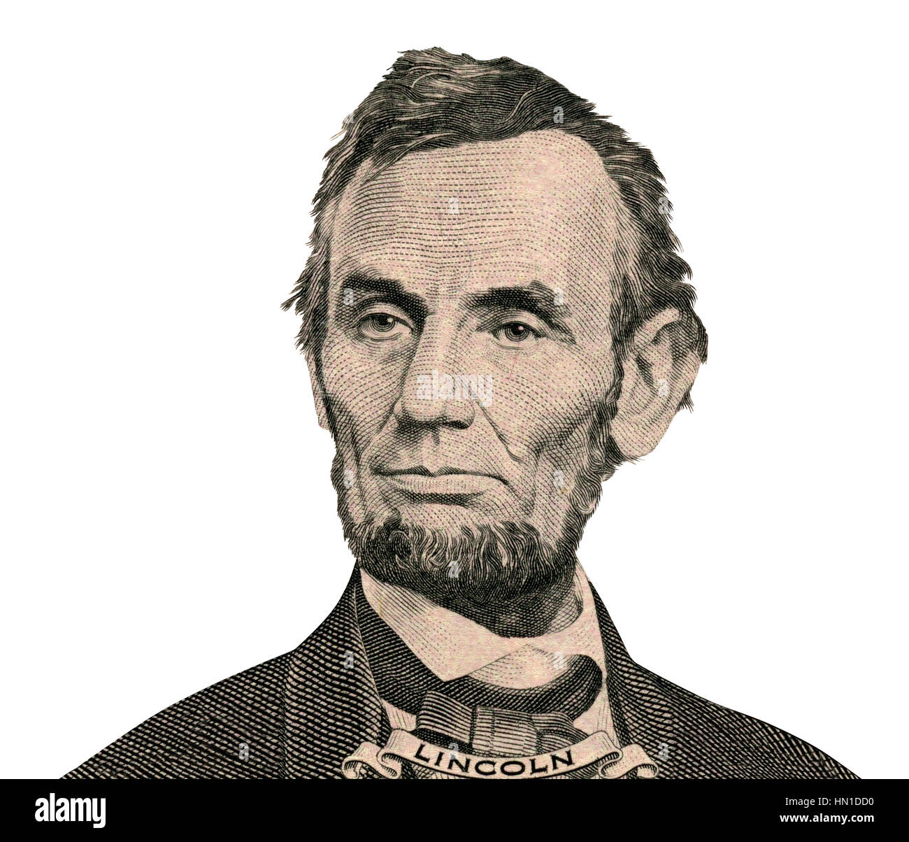 Portrait de l'ancien président américain Abraham Lincoln comme il a l'air sur l'avers de cinq dollars. Chemin de coupure à l'intérieur. Banque D'Images