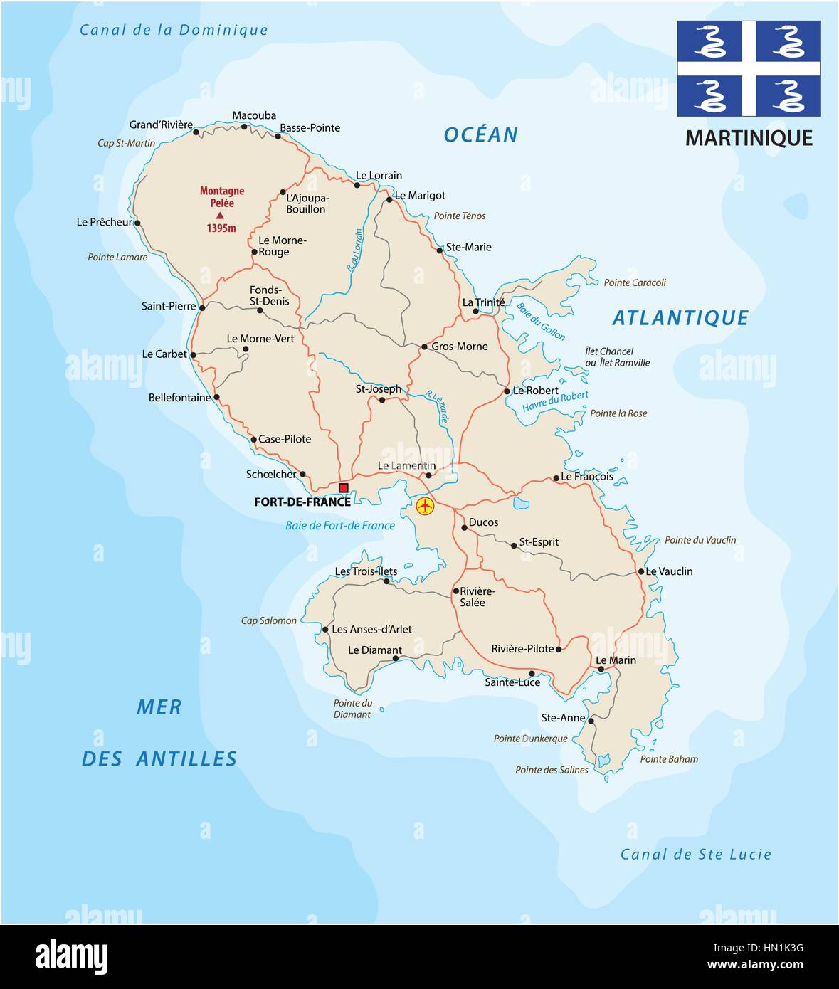 Carte vectorielle routière de Martinique avec drapeau.eps Illustration de Vecteur
