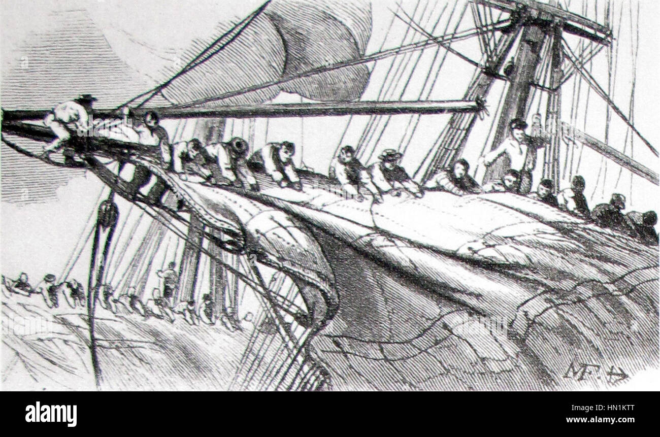 Une peinture maritime de Morel Fatio représente des marins manipulant le ris (un type de voile) dans le gréement. La scène met en valeur le travail quotidien à bord d'un voilier, capturant l'expertise des marins dans la navigation du navire dans des conditions difficiles. Banque D'Images