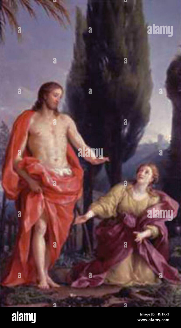 « Noli me Tangere » d'Anton Raphael Mengs représente la scène biblique dans laquelle Jésus dit à Marie-Madeleine de ne pas le toucher après sa résurrection. La peinture capture l'intensité émotionnelle du moment, en se concentrant sur les expressions des personnages et la signification spirituelle de la rencontre. Le style néoclassique de Mengs met l'accent sur la clarté, la simplicité et la profondeur émotionnelle, ce qui en fait une peinture religieuse puissante. Banque D'Images