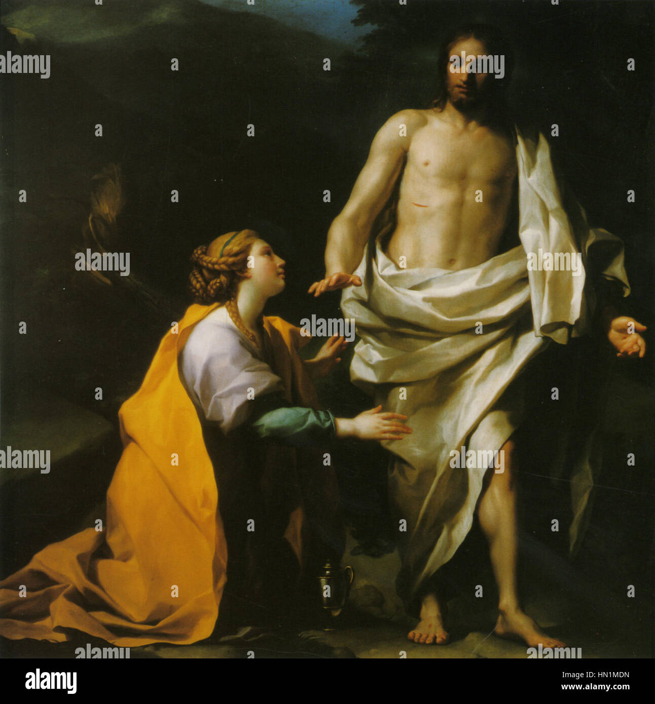 « Noli me tangere » de Mengs dépeint la scène biblique où le Christ empêche Marie-Madeleine de le toucher. La peinture illustre la maîtrise du style classique par l’artiste, en mettant l’accent sur l’intensité émotionnelle et l’interaction délicate entre les deux figures. Banque D'Images
