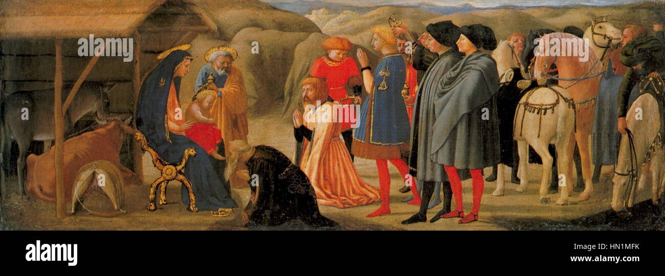 'Adoration des Mages' de Masaccio, peint en 1426, dépeint la scène biblique des trois rois présentant des cadeaux à l'enfant Jésus. L'œuvre est réputée pour son utilisation de la perspective et de la profondeur, une caractéristique du début de la Renaissance comprise Banque D'Images