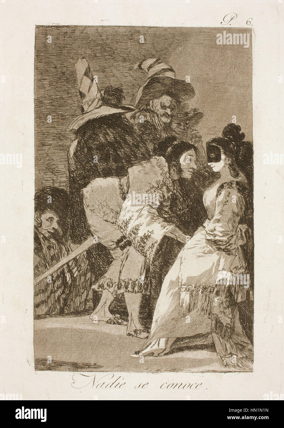 Caprichos no 06 - Nadie se conoce de Francisco Goya, hébergé dans le Museo del Prado, fait partie de la série de gravures satiriques de Goya qui critiquent les normes sociétales et la nature humaine. Ce travail explore les thèmes de l'hypocrisie sociale, de l'anonymat et du commentaire moral, reflétant l'approche unique de Goya en matière de critique sociale. Banque D'Images