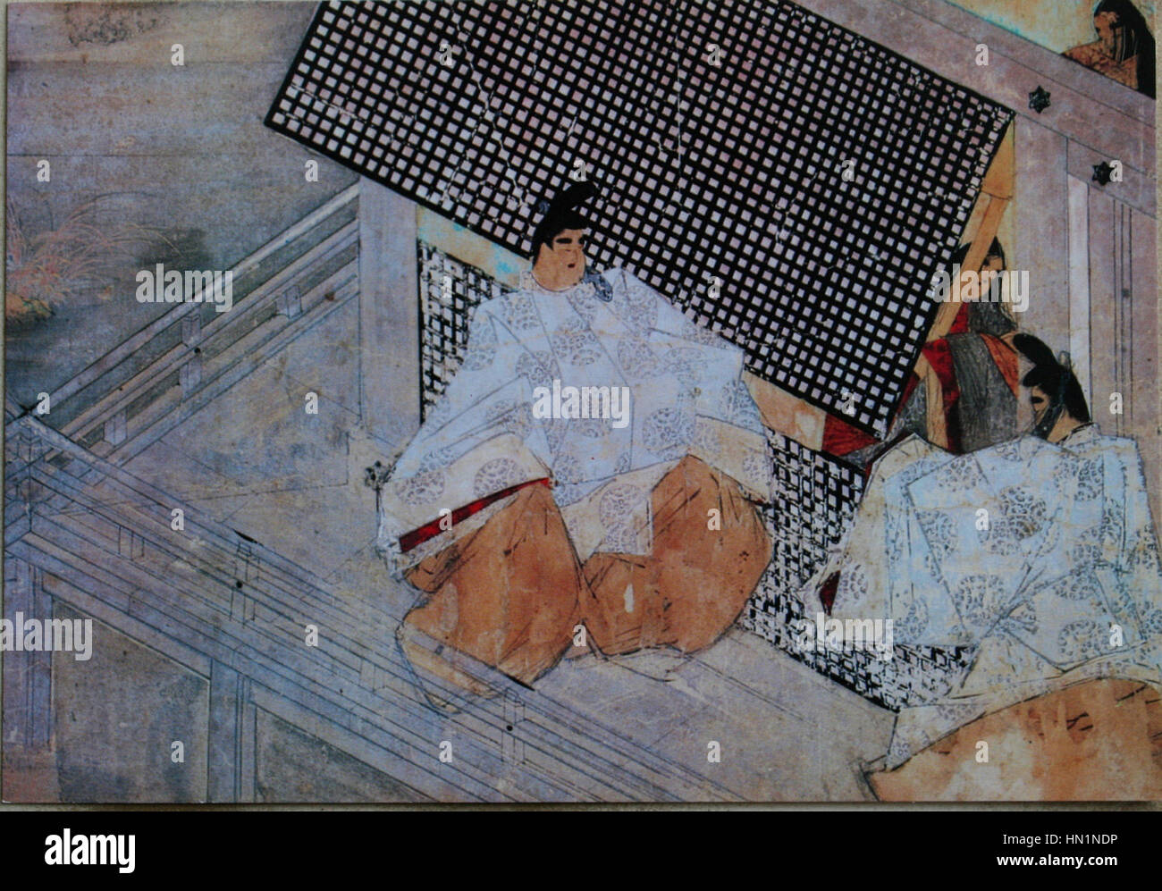 Ce détail du manuscrit 'Murasaki Shikibu Nikki Gotoh1' illustre des scènes de la vie de Murasaki Shikibu, l'auteur de 'le conte du Genji'. L'image reflète la culture et l'esthétique de Heian Japon. Banque D'Images