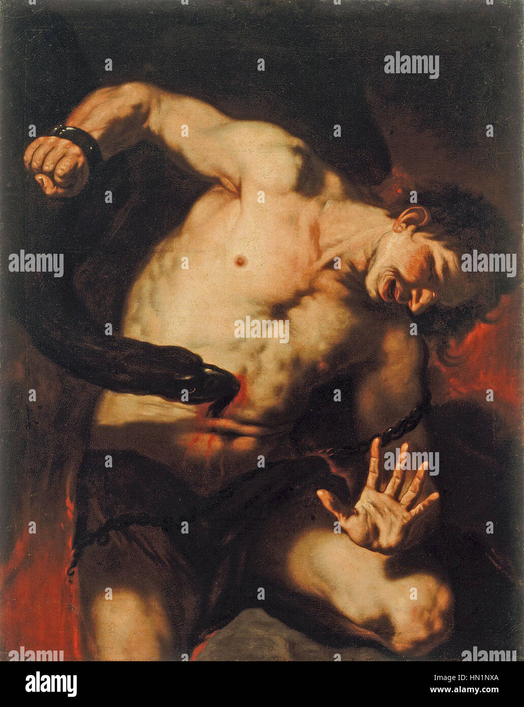 'Priklenjeni Prometej' est une œuvre de Luca Giordano, décrivant l'histoire mythologique de Prométhée liée à un rocher comme punition par Zeus pour vol de feu. La peinture de Giordano met l'accent sur l'émotion dramatique, en utilisant un fort chiaroscuro pour améliorer la tension de la scène. Banque D'Images